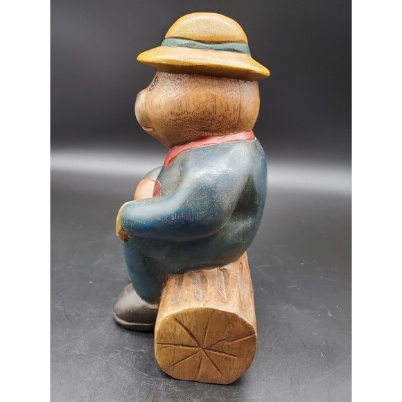 Honey Bear Beehive Dressed Sitting on Log Carved WOOD 8" Very NICE!!! Adorable! - Picture 2 of 12